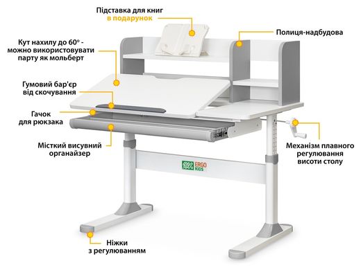 Парта детская с регулировкой высоты Ergokids TH-330 Grey TH-330 W/G фото