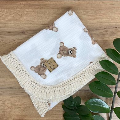 Плед муслін жатка двошаровий з бахромою Teddy на білому &mdash; купити в Bubbleshop