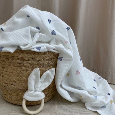 Пелюшка муслін Сердечка акварельні сині &mdash; купити в Bubbleshop