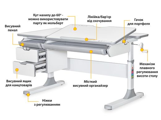 Дитячий стіл Mealux Hamilton Multicolor G Lite стільниця біла / сірі накладки BD-680 W/G MC Lite фото