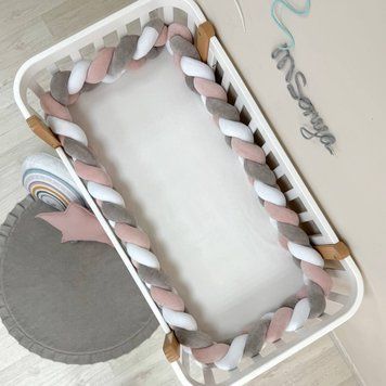 Бортик-коса білий/сірий/пудра 3,6 м на всі сторони ліжечка &mdash; купити в Bubbleshop