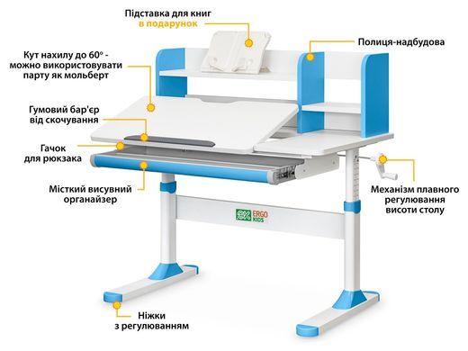 Парта дитяча з регулюванням висоти ErgoKids TH-330 Blue  TH-330 W/BL фото