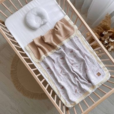 Плед муслін жатка Пташки бежевий з бахромою &mdash; купити в Bubbleshop
