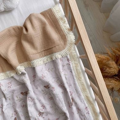 Плед муслін жатка Пташки бежевий з бахромою &mdash; купити в Bubbleshop