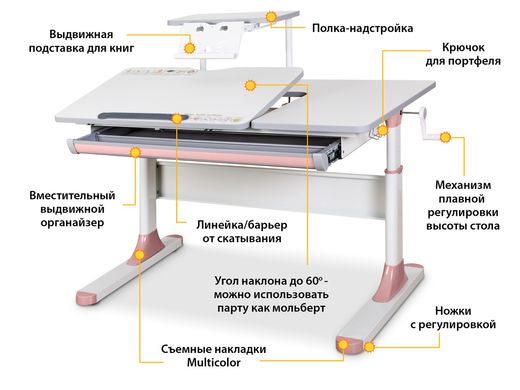 Детский стол Mealux Vancouver Multicolor PN с полкой S50 Pink BD-620 W/G MC+ PN+ S50 фото