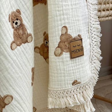Плед муслін жатка двошаровий з бахромою Teddy на молочному &mdash; купити в Bubbleshop