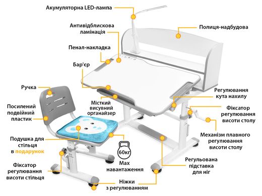 Комплект парта и стул Evo-kids BD-10 (с лампой) Grey BD-10 G з лампою фото
